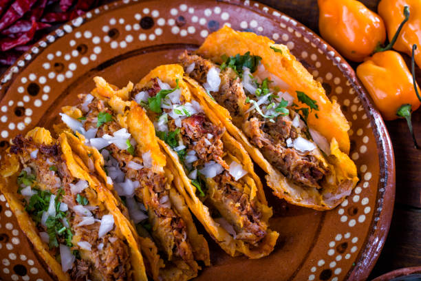 Tacolab LA authentic barbacoa tacos for catering in Los Angeles. Tender shredded beef tacos with chopped onion, fresh cilantro on golden corn tortillas, served on traditional plate.
