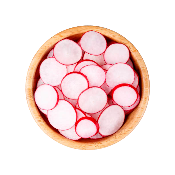 Tacolab LA fresh sliced radishes in wooden bowl for taco toppings bar in Los Angeles catering. Crisp traditional garnish included with every order.