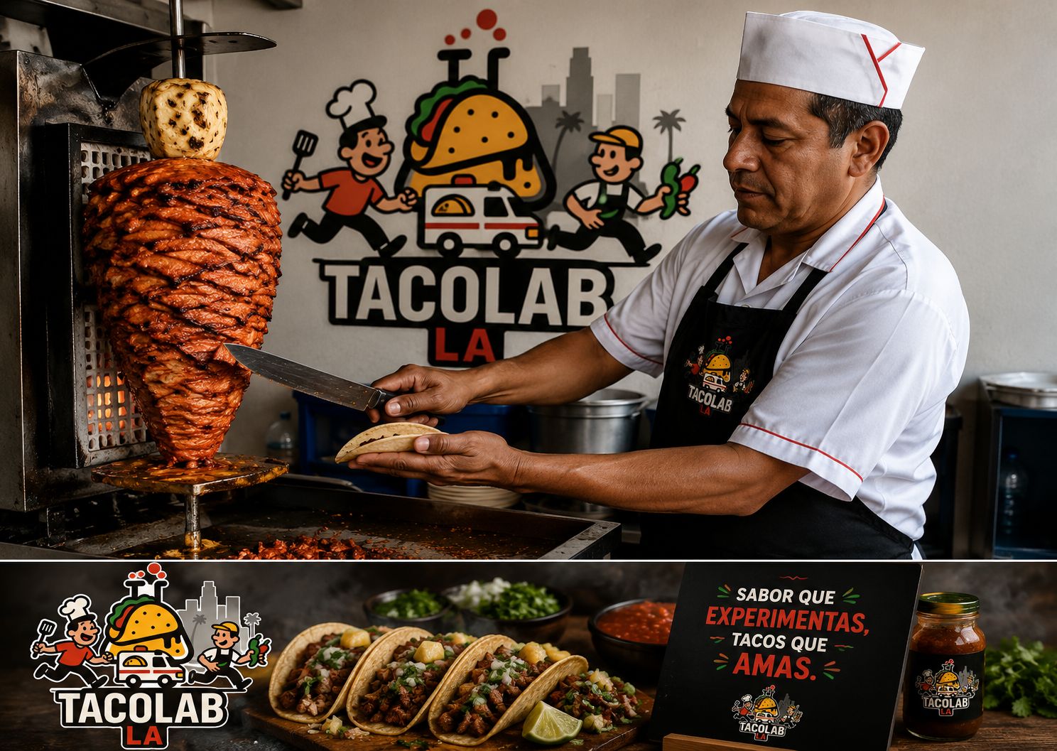 Tacolab LA professional taquero preparing al pastor tacos live on vertical spit for catering events in Los Angeles. Our expert team in action.