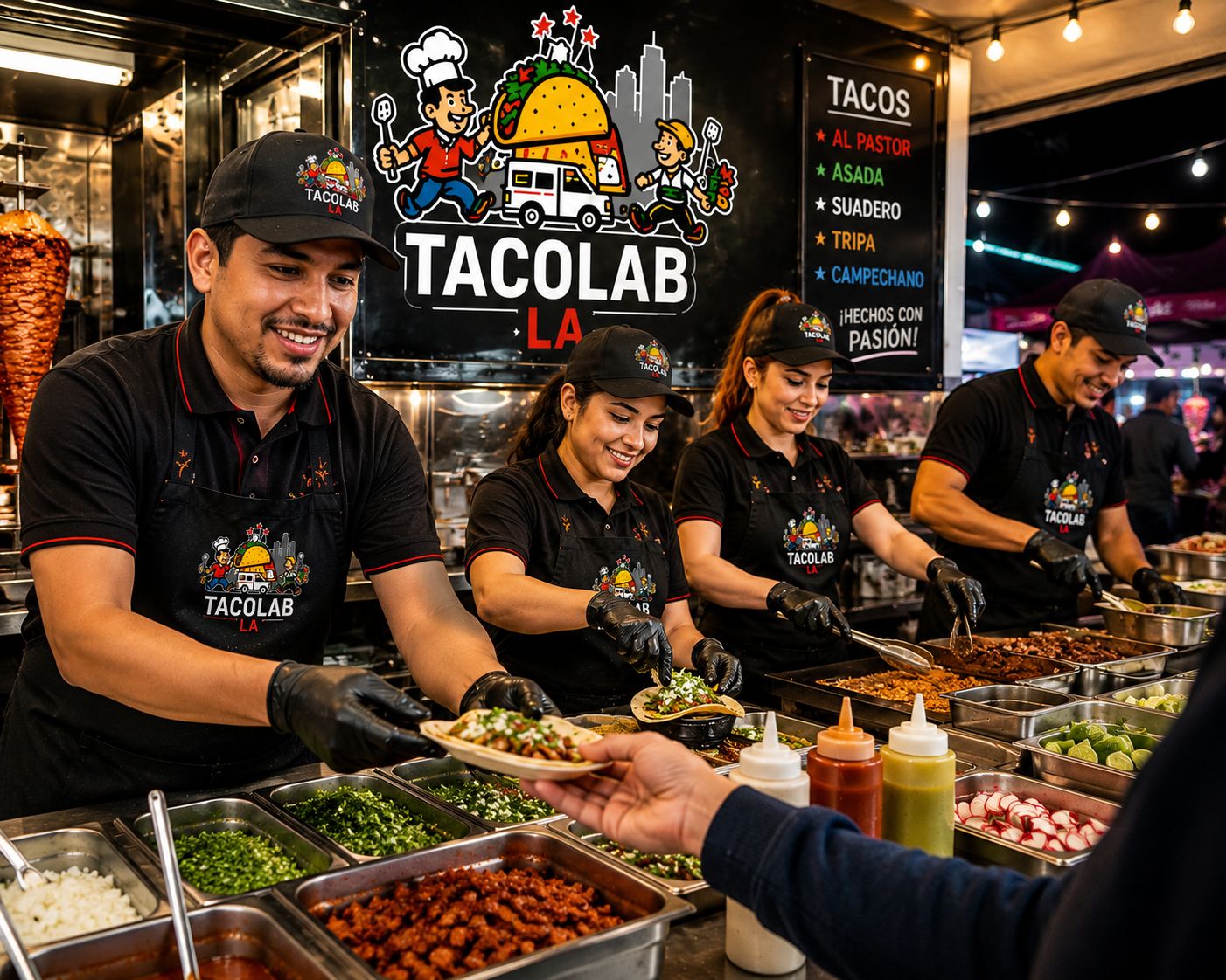 Tacolab LA professional team serving fresh tacos at a catering event in Los Angeles. Our friendly and experienced taqueros in action.