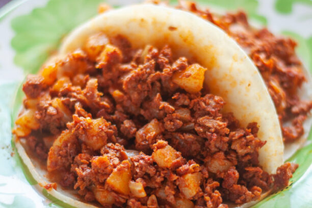Tacolab LA vegan soy chorizo tacos for catering in Los Angeles. Spicy plant-based chorizo with potatoes, served on fresh corn tortillas.