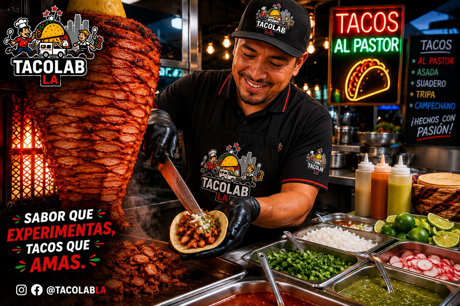 Tacolab LA professional taquero happily preparing fresh al pastor tacos for catering events in Los Angeles. Part of our expert team.